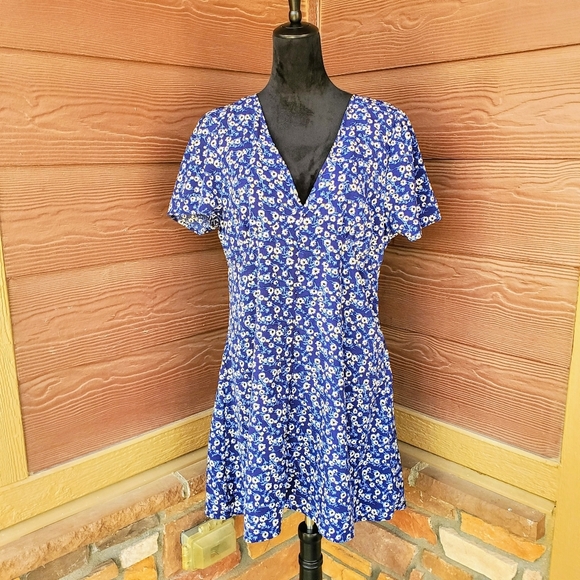 Cotton:On V-Neck Floral Print Blue Casual Mini Dress Women's Size XL EUC - Picture 1 of 14